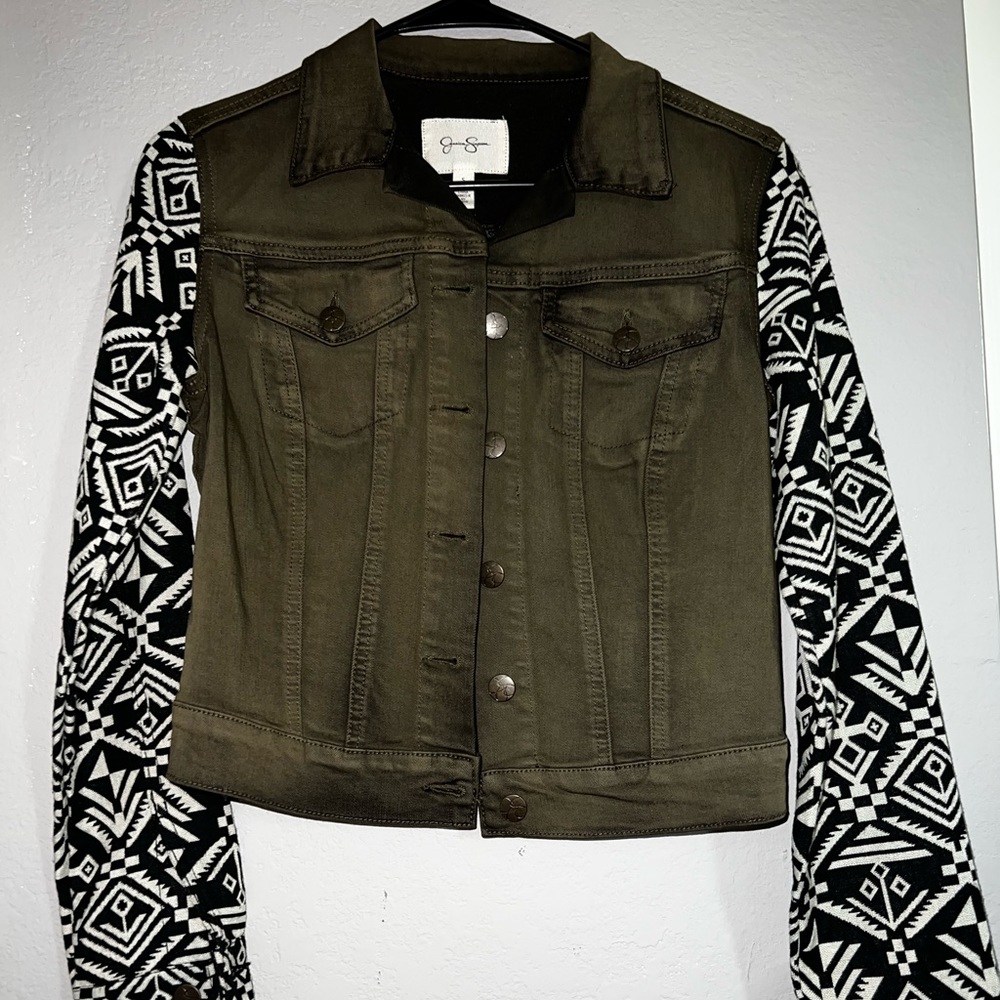 Jessica Simpson Cropped Jean Jacket with Printed Sleeves